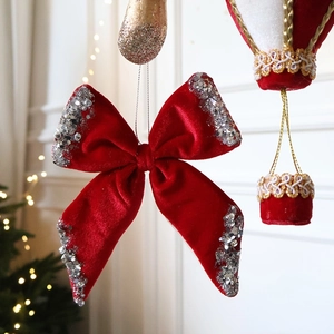Velvet burgundy Christmas bow pendant with silver sequins for festive tree decoration