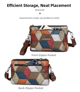 Detail of color-block crossbody bag featuring multiple zipper pockets and large capacity
