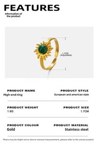 Detailed view of adjustable gold stainless steel ring with malachite sunflower inlay