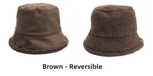 Detail of coffee reversible bucket hat showing faux suede and warm sherpa fleece texture