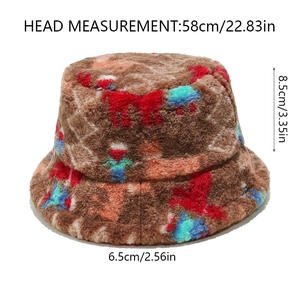 Detailed plush bucket hat dimensions with colorful bohemian patterns and thick warm material