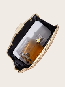 Golden sequin evening clutch bag with metal clasp showing interior phone and perfume space