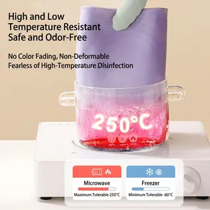 Purple food-grade silicone bag being removed from boiling water, heat resistant to 250°C