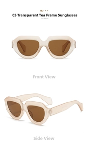 Front and side view of trendy irregular translucent tea brown oversized sunglasses