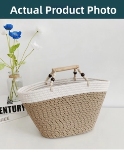 Close-up of woven cotton tote bag with wooden handles and two-tone texture detail