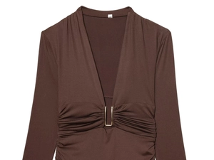 Detail view of deep coffee V-neck bodysuit with golden U-shaped metal buckle and ruching