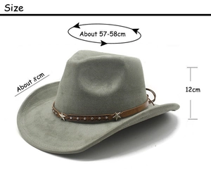 Size specifications for grey suede fedora with 8cm brim and star stud leather band
