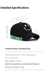 Detail of black cotton baseball cap with white smile embroidery and neon green ribbon