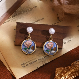 French style floral drop earrings with blue enamel, pink roses and pearl accents