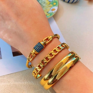 Fashion Minimalist Stainless Steel Gold Plated Bangles For Women Geometric Round Chain Link Rhinestone Stackable Bracelets Niche Design Jewelry
