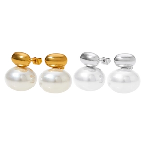 French vintage style stainless steel pearl stud earrings in gold and silver finish set