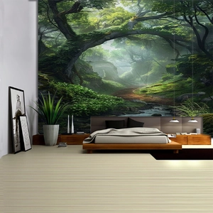 Macro detail of forest landscape wall tapestry with ancient trees and sunlight