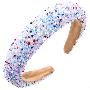 Detailed view of sequin padded headband with ice blue and white crystal embellishments