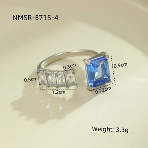 Detail view of silver steel ring with blue square zircon and exact product dimensions