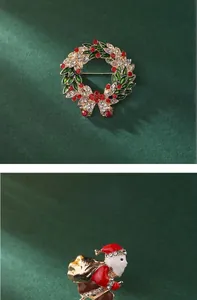 Detailed view of festive Christmas wreath and Santa Claus brooches with dimensions