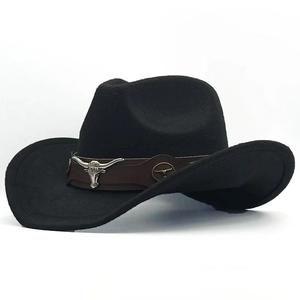 Western Cowboy Hat Vintage Felt Wide Brim With Bull Head Metal Ornament Retro Ethnic Style Outdoor Horse Riding