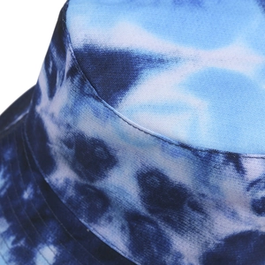 Close-up of blue and white tie-dye cotton bucket hat showing detailed fabric texture