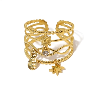 Multi-layer 18K gold plated ring with star and zircon charms, open adjustable design
