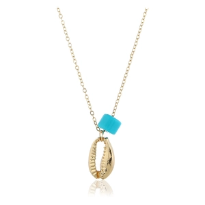 Minimalist gold alloy necklace featuring a shell pendant and sky blue square bead