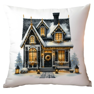Macro detail of Christmas pillow cover showing snowy building print on premium fabric