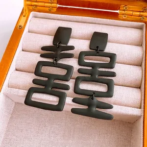 Double Happiness Character Dangle Earrings Alloy Matte Black With 925 Sterling Silver Earring Post For Women Fashion