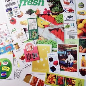 Detailed view of vintage supermarket food label stickers for scrapbooking decoration