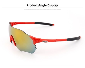 Side view of red streamlined sports sunglasses with non-slip black ear pads and gold lens