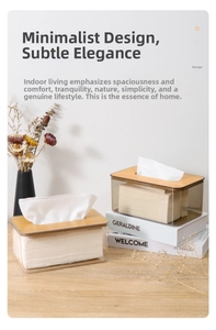 Detail of Nordic tissue box with clear plastic body and minimalist wooden lid on a desk