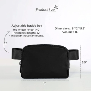 Waterproof nylon waist bag size guide showing 1L volume and adjustable strap dimensions