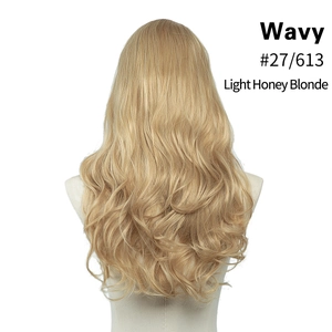 Detail of long wavy U-part hair extensions in Light Honey Blonde shade #27/613