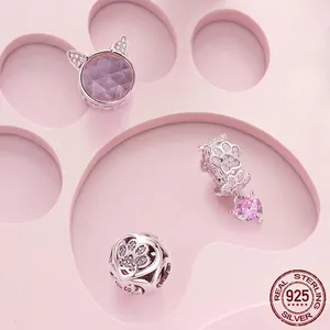 Pink opal cat paw charm set in S925 sterling silver for DIY bracelets and necklaces