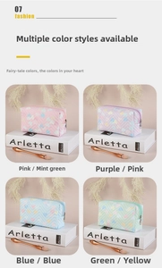 Detail of gradient heart pattern PVC makeup bags with V-embossed texture and silver zippers