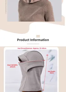 Winter thermal balaclava with measurement details of hood depth and width dimensions