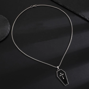 Gothic coffin pendant necklace with silver cross on black enamel and silver chain