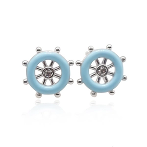 Detailed close-up of S925 silver steering wheel earrings with blue enamel and zircon