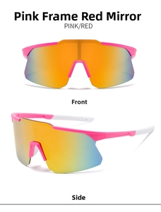 Pink frame cycling glasses with red mercury lens showing front and side views