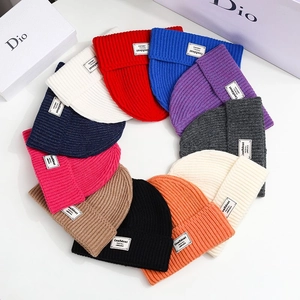 Knitted Beanie Hat Ribbed Woolen Yarn Warm Winter Skull Cap With English Patch Decorative Casual For Women Men