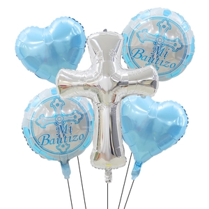 5-piece blue and silver baptism balloon set with cross and heart foil balloons