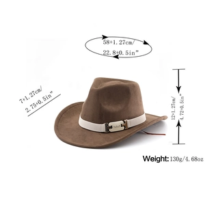 Detail view of dark brown wool fedora hat showing exact dimensions and weight measurements