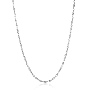 Detail view of a polished silver twisted rope chain necklace on white background