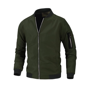 Classic dark green bomber jacket with utility sleeve pocket and ribbed knit trim on white background