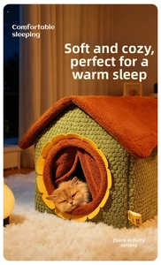 Detail of sunflower-themed pet house with warm plush interior and soft brown cushion