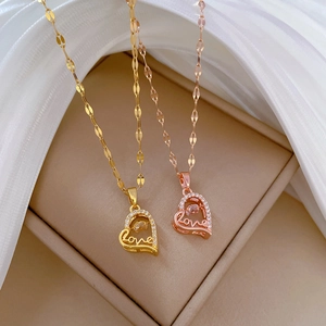 Stainless Steel Heart Love Pendant Necklace With Rhinestone Fashion Copper Inlaid Clavicle Chain Jewelry For Women Gift