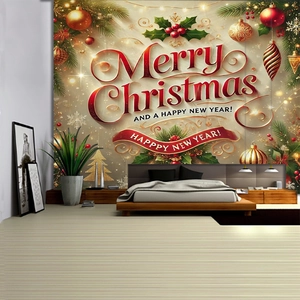 Detail of a Merry Christmas festive tapestry on a bedroom wall with golden holiday decor
