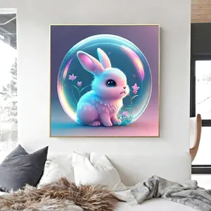 Square wall art of a cute white rabbit in a glowing bubble with a gold frame in a cozy room