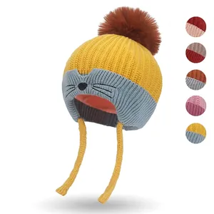 Kids Winter Knitted Hat Thick Core Spun Yarn Fleece Lined Ear Protection Cartoon Cat Pom Pom Baby Toddler Warm Beanie