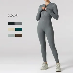 Combinaison De Yoga Côtelée Sans Couture Pour Femme Manches Longues Fermeture Éclair Col Montant Fitness Sport Bodysuit