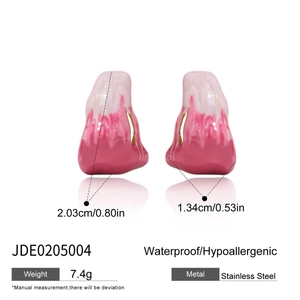 Detail view of pink and white enamel earrings with steel material measurements