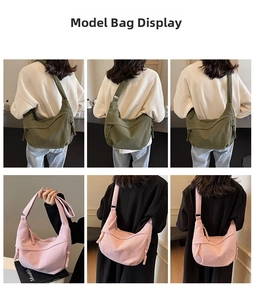 Collage of model wearing corduroy crescent crossbody bags in olive green and soft pink