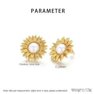 Detailed view of sunflower stud earrings with white pearl center in golden finish